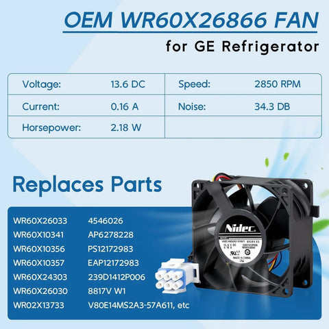 Upgraded WR60X26866 Refrigerator Evaporator Fan Motor Replacement with voltage, speed, and compatibility details.