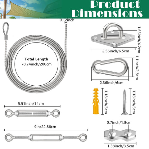52 Pcs Shade Sail Hardware Kit In Stainless Steel 304 With 5.5 Inch Adjustable Turnbuckle 78.7 Inch Wire Rope dimensions