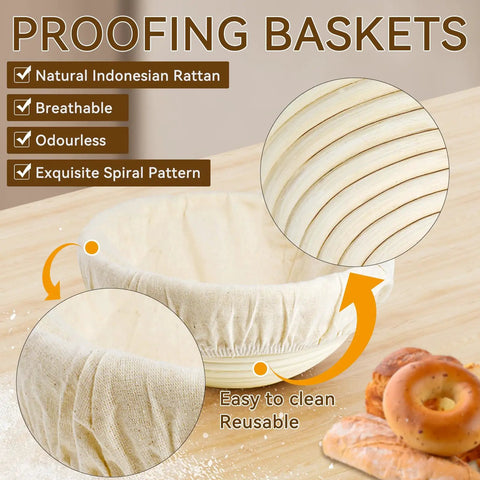 All In One Sourdough Starter Kit with 9 Inch Round and 10 Inch Oval Banneton Proofing Baskets shown with spiral pattern.