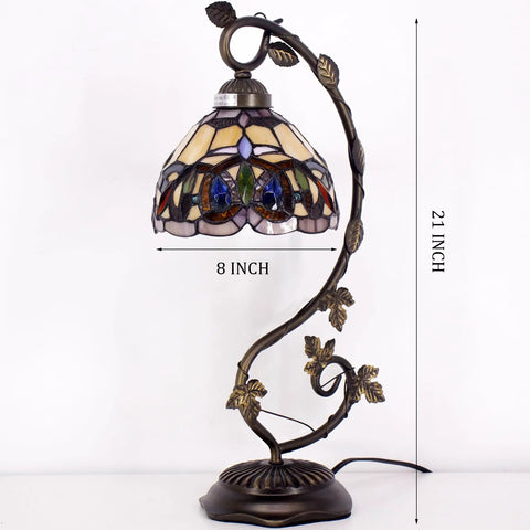 Tiffany Style Stained Glass Table Lamp With Bronze Metal Leaf Base, 21 Inch Tall, 8 Inch Shade, Elegant Victorian Desk Reading Light