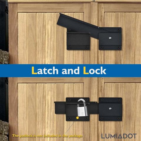 Heavy Duty Aluminum Gate Latch With Padlock Hole, Adjustable 3.5mm Thickness on wooden gate, showing open and locked positions.