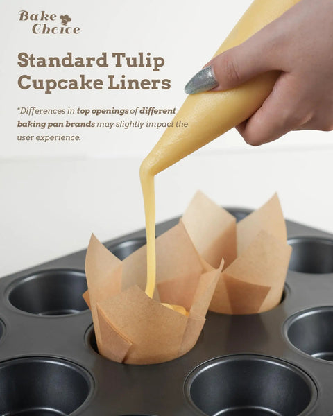 Pouring batter into unbleached 200 Pack Natural Tulip Cupcake Liners for Standard Muffin Pans on a baking tray.
