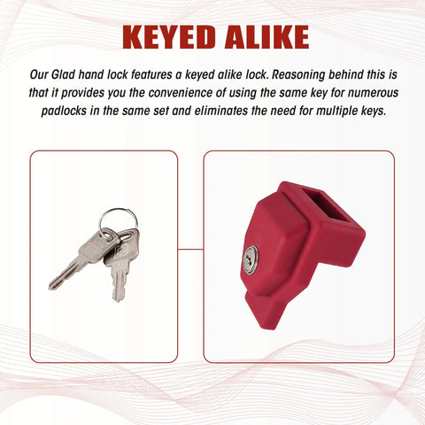 Plastic Glad Hand Lock For Trailer Security, 1 Pack With 2 Keys shown next to lock, red plastic lock with security key design.