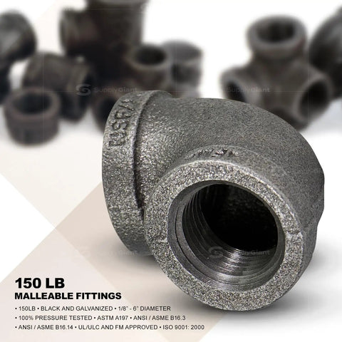 6 Inch 90 Degree Malleable Iron Elbow Fitting With Female Threads Black Finish For High Pressure Systems 150 Lb Rated