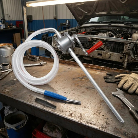 Super Handy Gralaria Manual Oil Transfer Pump For Mechanics And Garage Pros With 2M Hose Plus 32Cm Inlet Pipe on a workshop table.