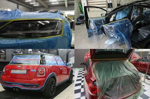 All Purpose Automotive Masking Tape And Plastic Sheeting Kit, Multi Size Pack, No Residue Painter Drop Cloth on multiple cars