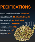 Three Eighths Inch Grade 80 Heavy Duty Binder Chain With Grab Hooks Ten Foot Long 7,100 Lbs Safe Working Load Tow Chain