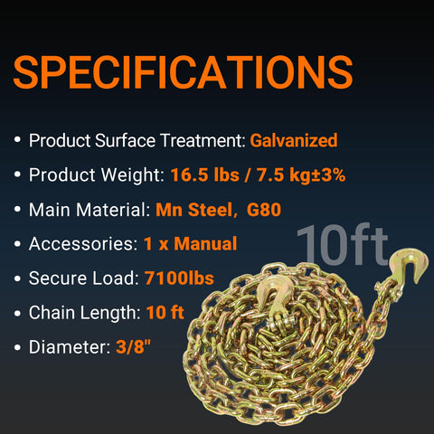 Three Eighths Inch Grade 80 Heavy Duty Binder Chain With Grab Hooks Ten Foot Long 7,100 Lbs Safe Working Load Tow Chain