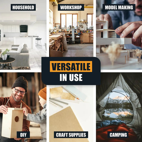 Collage showing versatile uses of Pro Grade Thin Liquid Capillary Action Adhesive For Tight Cracks 50g Value Size.