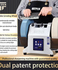 Slick 10 Inch Water Cooled Wet Grinding Machine With Dual Variable Speed Stones For Precision Edge Tool Sharpening in use with sharpening tool.