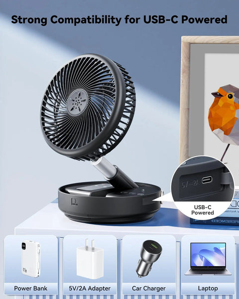 Portable Oscillating Travel Fan With 10400mAh Battery showing USB-C compatibility