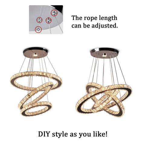 Dope Modern Crystal Ring Chandeliers LED Pendant Light with adjustable height and ring sizes 12, 16, 20 inches
