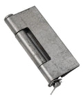 Close-up of silver Beefy Heavy Duty Weld On Gate Hinge Set for iron doors, 83x66mm size, industrial grade welded hinge