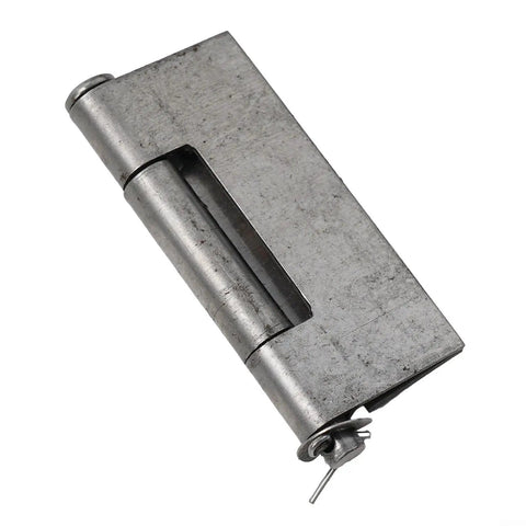 Close-up of silver Beefy Heavy Duty Weld On Gate Hinge Set for iron doors, 83x66mm size, industrial grade welded hinge