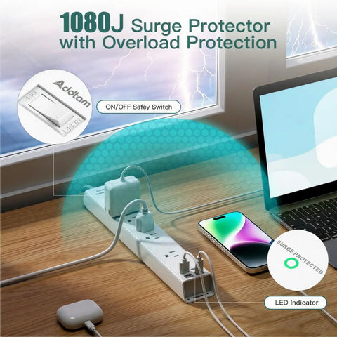 Two Pack Heavy Duty Surge Protector Power Strip With Six Foot Extension Cord Five Wide Spaced Outlets And Four Usb Charging Ports For A Hassle Free Tech Setup That Actually Holds Up on a wooden desk with devices.