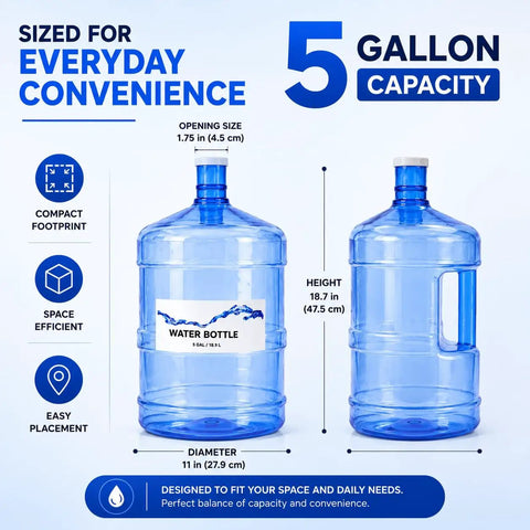 5 Gallon Water Bottle With Easy Grip Handle BPA Free Durable Plastic Jug For Top And Bottom Load Water Dispensers No Spill