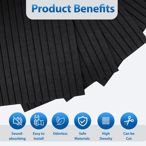 Hassle Free Peel And Stick Acoustic Wall Panels 10 Pack Sound Dampening Foam Tiles Noise Killing Room Decor Black 48X24 Inch showing product benefits and features.