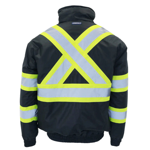 Back view of High Visibility Reflective Bomber Jacket With X-Back Design Waterproof Insulated Workwear Durable ANSI ISEA 107 Class 3 Type R CSA Z96 15 Class 2 Level 2