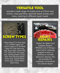 250 Piece Repair Screw Set With Revolving Organizer For Glasses Sunglasses Watches And More Assorted Tiny Screws And Tools For Quick Reliable Eyewear Repairs DIY Fix Kit For Everyday Handyman displayed with screw types and repair details.