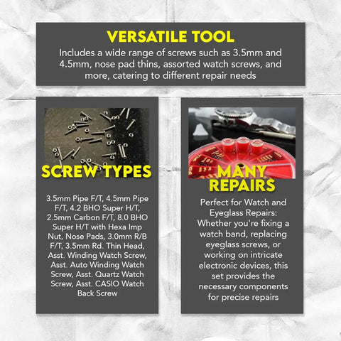 250 Piece Repair Screw Set With Revolving Organizer For Glasses Sunglasses Watches And More Assorted Tiny Screws And Tools For Quick Reliable Eyewear Repairs DIY Fix Kit For Everyday Handyman displayed with screw types and repair details.