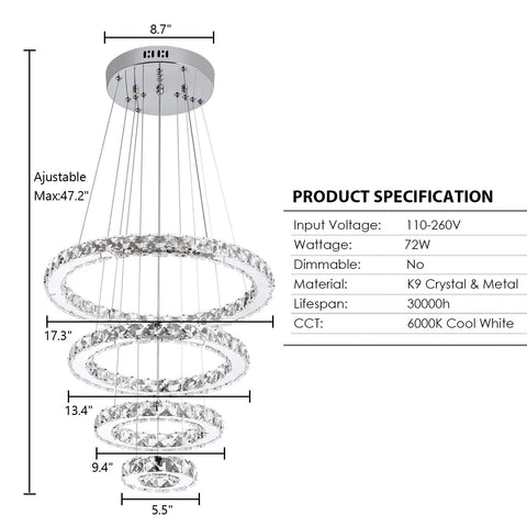 Dope Four Ring Crystal LED Chandelier With Adjustable Pendant Light In Chrome 6000K Cool White Specifications Diagram