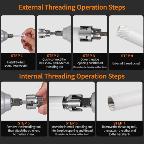 Step-by-step guide for using Four In One PVC Pipe Threader And Reaming Tool Set for internal and external pipe threading.
