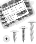Heavy Duty White Truss Head Wood Screws 120 Piece Pack With Phillips Drive And Included Screwdriver Tool displayed in clear storage box.
