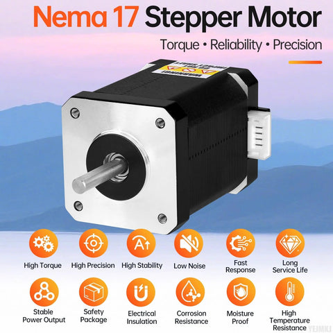 Front view of a NEMA 17 stepper motor with silver faceplate, black body, protruding shaft and white 4-pin connector.