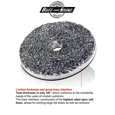 Round microfiber pad for car detailing with foam interface, part of Microfiber Pad Set For Car Detailing Five Inch Pads For Compounding Cutting Buffing Waxing And Polishing Works With Long Throw High Action Dual Action And Orbital Polishers Six Pad Pack For Pro Finish