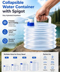 Collapsible Water Container With Spigot for Camping and Travel, showcasing 15L capacity and easy grip handle, outdoors.