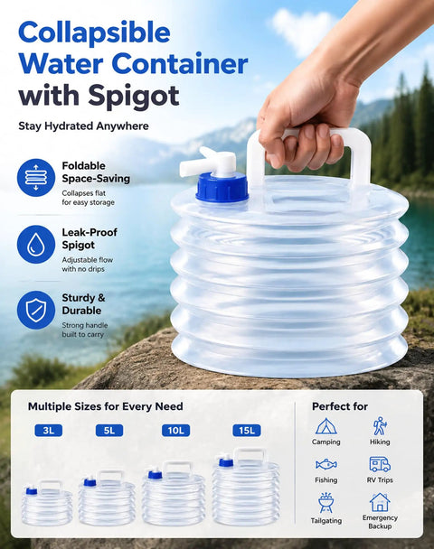 Collapsible Water Container With Spigot for Camping and Travel, showcasing 15L capacity and easy grip handle, outdoors.