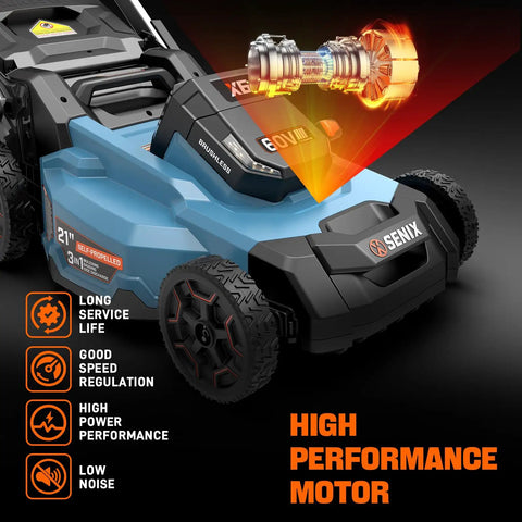 X6 60V Max 21 Inch Beast Power Self Propelled Mower With 8Ah Battery And Charger, Smart Display, 7 Level Height Adjustment, 3 In 1 Mulching Bagging And Side Discharge, Battery Shipped Separately, brushless motor close-up