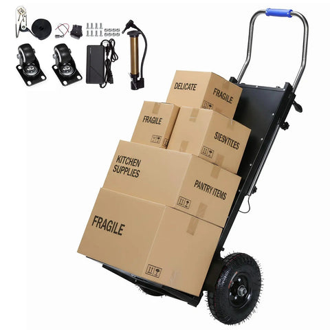 Heavy Duty Electric Stair Climbing Dolly 1500W Motorized Stair Climber Cart Handles Up To 880 Lbs Loads For Furniture And Inventory In Warehouses, Stores Or Homes with cardboard boxes and accessories