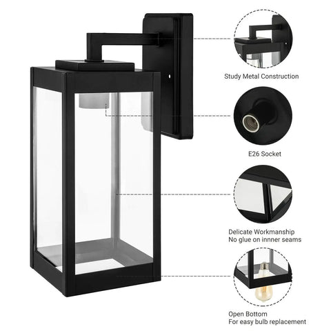 Dope Outdoor Wall Light Fixture With Clear Glass Shade, Matte Black Exterior Sconce For Garage And Patio, E26 socket details