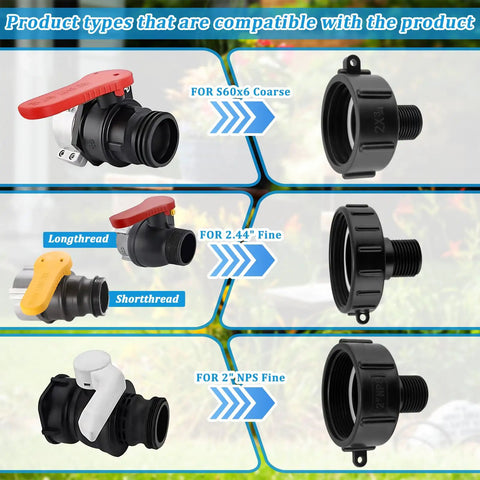 Durable 250 Gallon IBC Tote Water Hose Adapter With 2 Inch Fine Thread To Three Quarter Inch Male Garden Hose Fittings IBC Drain Adapter For Easy Water Transfer And Garden Setup, black plastic