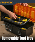 Person opening 16 Inch Tool Box With Trays Lockable Metal Latch Portable Organizer For Tools And Small Or Mid Sized Parts