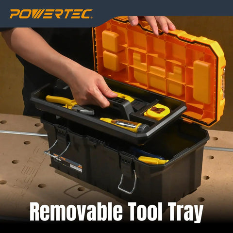 Person opening 16 Inch Tool Box With Trays Lockable Metal Latch Portable Organizer For Tools And Small Or Mid Sized Parts