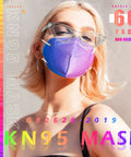 Woman wearing colorful KN95 face mask from 60 pack, individually wrapped, with elastic ear loops and soft nose wire.
