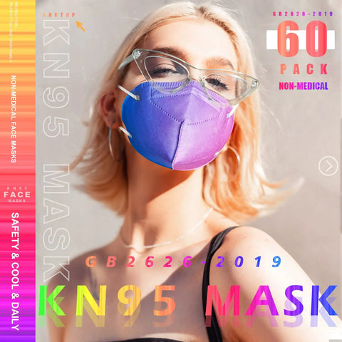 Woman wearing colorful KN95 face mask from 60 pack, individually wrapped, with elastic ear loops and soft nose wire.