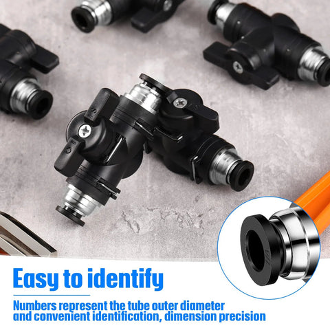 Side view of Flutesan 5-piece 1/4" OD push-to-connect pneumatic ball valve PVC air fittings