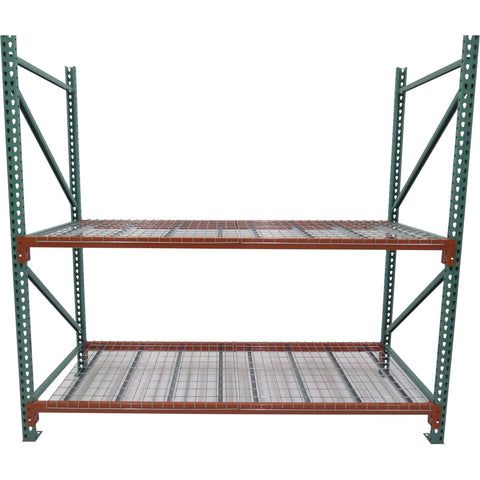 Heavy Duty Teardrop Pallet Rack Frame 48 Inch Depth By 144 Inch Height Welded Steel with two shelves for warehouse storage.