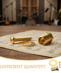 Gold Alloy Guitar Tuning Machine Mounting Hardware Kit With Screws Hex Nuts Flat Washers showing screw, nut, and washer on sheet music.