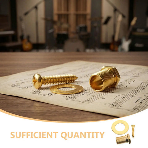 Gold Alloy Guitar Tuning Machine Mounting Hardware Kit With Screws Hex Nuts Flat Washers showing screw, nut, and washer on sheet music.