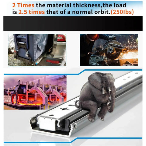 Heavy Duty Full Extension Three Stage Drawer Slides With Lock 220 Pound Capacity 60 Inch with ball bearings, showcasing strength in load capacity.