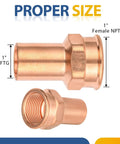 One Hundred Pack Copper 1 Inch Street Adapter Fitting Press Connect To Npt Female Thread Connector For Hot And Cold Water Supply Heavy Duty Pro Plumber Grade Rock Solid Design Quick Install, shown with size details.