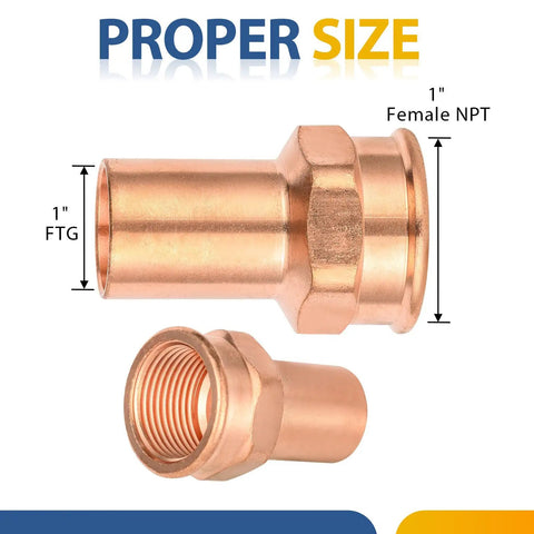 One Hundred Pack Copper 1 Inch Street Adapter Fitting Press Connect To Npt Female Thread Connector For Hot And Cold Water Supply Heavy Duty Pro Plumber Grade Rock Solid Design Quick Install, shown with size details.