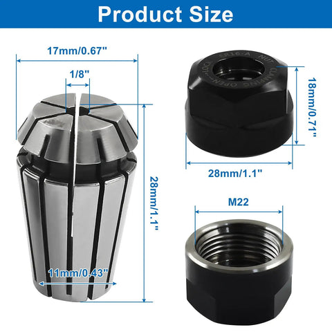 ER16 One Eighth Inch Spring Collet Nut Set, product size details, featuring collet and clamping nut dimensions for CNC engraving use.