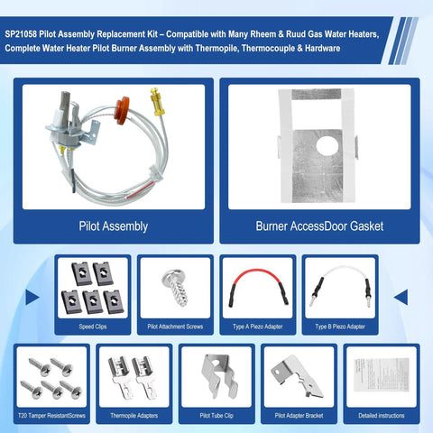 SP21058 Pilot Assembly Replacement Kit - front view for Rheem/Ruud gas water heaters with burner, thermopile, thermocouple.