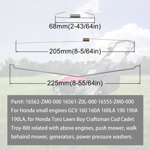 Lawn Mower Throttle Return Spring Kit And Governor Rod Assortment For Honda GCV160 Engines And Go To Brands Like Briggs And Stratton MTD Cub Cadet Craftsman Toro Lawn Boy Replacement Parts with dimensions.