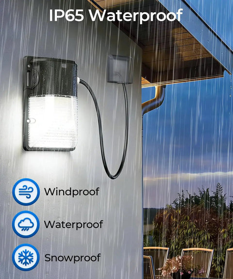 30W Plug In LED Wall Pack Light With Dusk To Dawn Sensor 3600 Lumen Output 5000K Daylight No Fuss Install 120V AC Outdoor IP65 Waterproof Security Flood Light For Garage And Warehouse Includes 6 Foot US Plug showcasing waterproof feature in rain